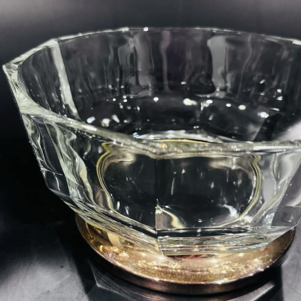Vintage MCM Faceted Thick Italian Glass Centerpiece Bowl w Brass‎ Tone Metal Rim